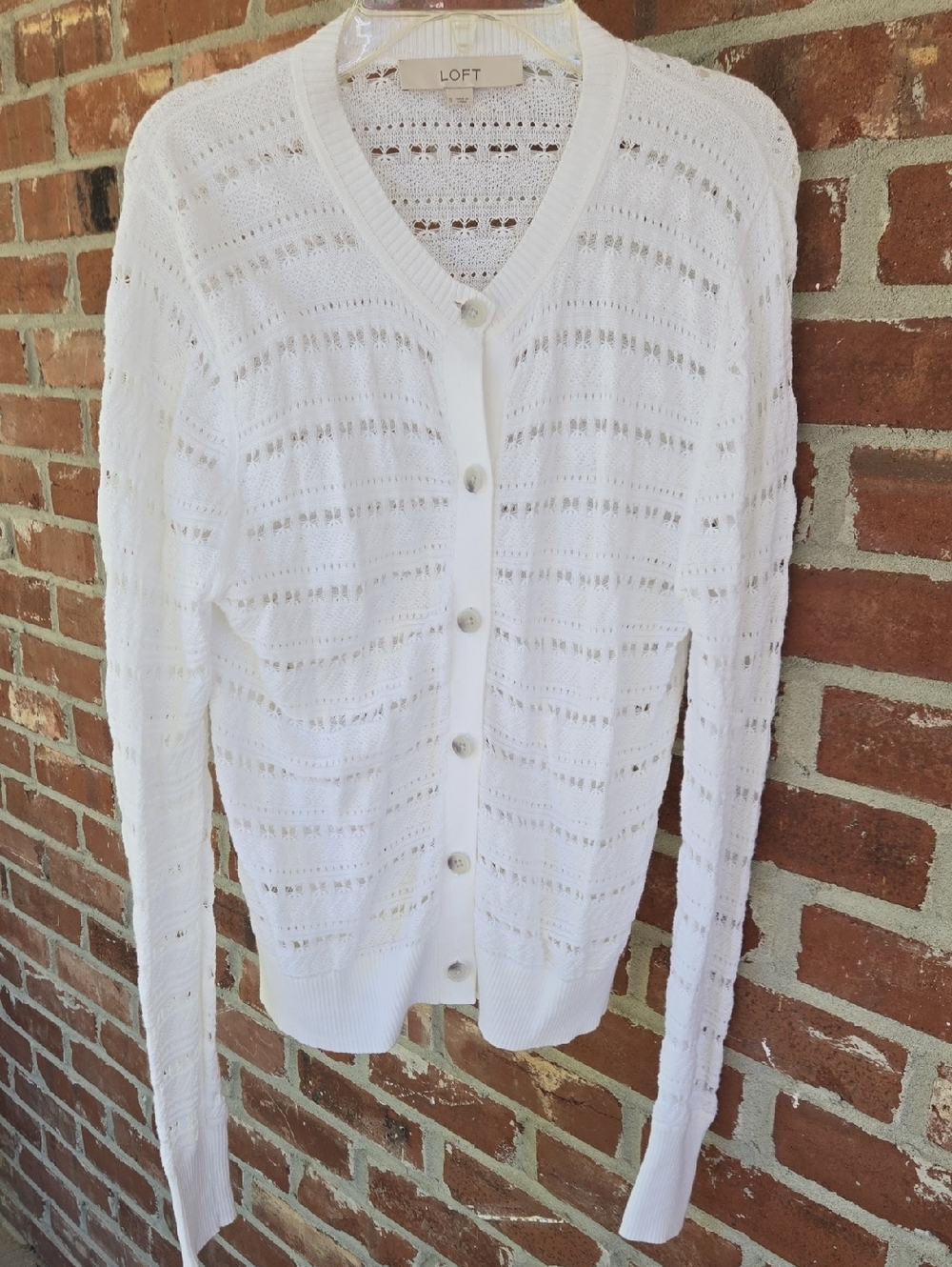 LOFT White Open-Knit Button-Front Cardigan